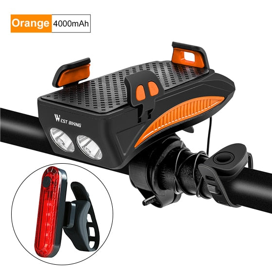 WEST BIKING 400 lumen Multifunction Bike Light With Phone Holder Bicycle Highlight 2000/4000mAh Power Bank Cycling Flashlight