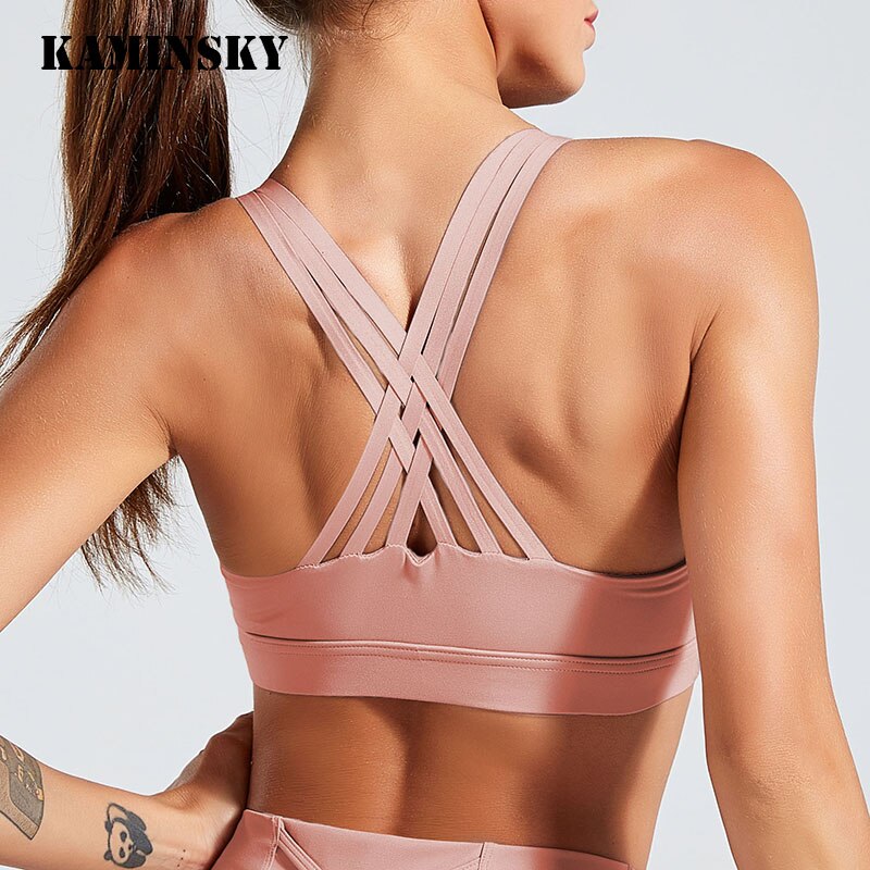 Kaminsky Cross Strap Back Bra Top Women Sports Top Professional Quick Dry Padded Shockproof Gym Fitness Running Sport Tank Top